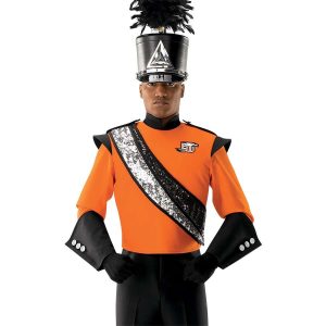 custom silver and black sequin marching band sash shown over orange and black uniform and shako on front view of performer