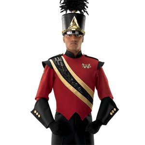 custom black sequin and gold marching band sash over red and black uniform and shako on front view of performer