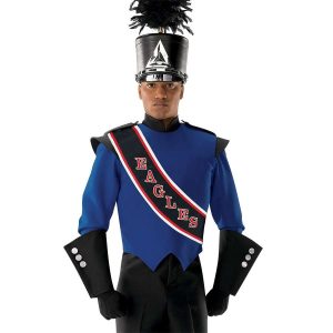 custom black with red and white trim and lettering marching band sash. Shown over royal and black uniform and shako on front view of performer