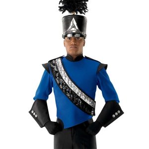 custom black and silver sequin marching band sash shown over royal and black uniform and shako on front view of performer