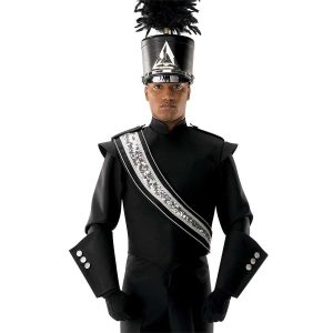 custom silver sequin with black and white trim marching band sash shown over black uniform and shako on front view of performer