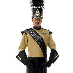 custom black sequin marching band sash shown over dark gold and black uniform and shako on front view of performer