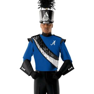 custom silver and black sequin marching band sash. Shown over royal and black uniform and shako front view of performer