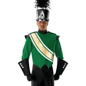 custom gold with forest and white marching band sash shown over forest and black uniform and shako shown on front view of performer