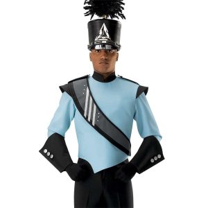 custom grey, black and silver marching band sash shown over light blue and black uniform and shako on front view of performer