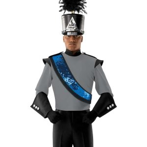 custom royal sequin and black marching band sash shown over grey and black uniform and shako on front view of performer