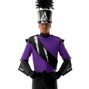 custom silver sequin and black marching band sash shown over purple and black uniform and shako on front view of performer