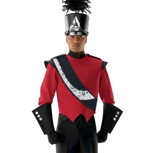 Custom black with silver sequin marching band sash shown over red and black uniform on front view of performer