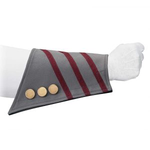 custom grey with 3 diagonal maroon stripes marching band gauntlet with 3 gold buttons