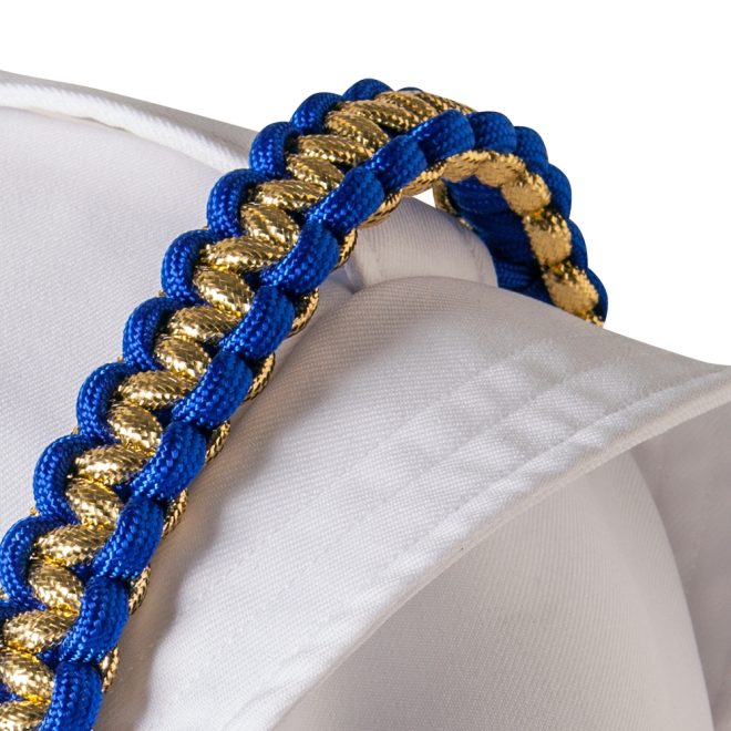 custom 2 color citation cord metallic and nylon gold and royal over white uniform