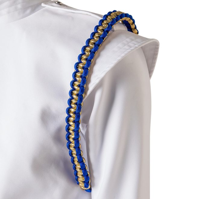 custom 2 color citation cord metallic and nylon gold and royal over white uniform