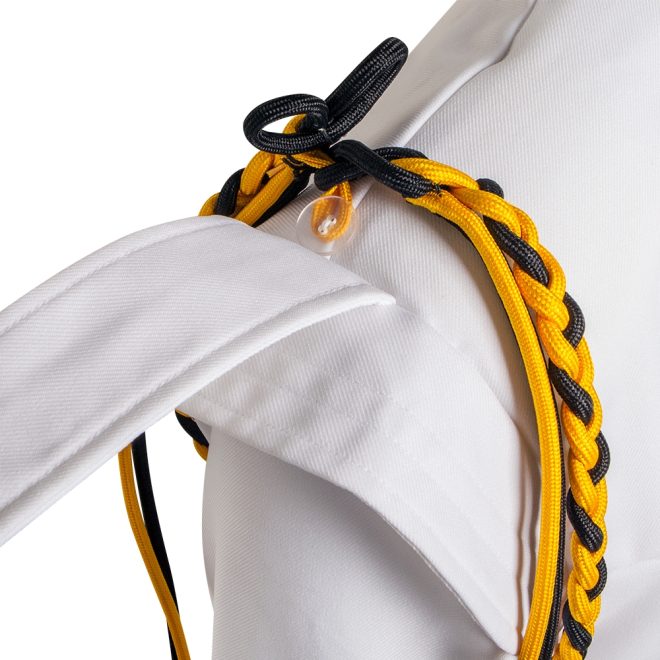 custom 2 color citation cord metallic and nylon gold and dark grey over white uniform