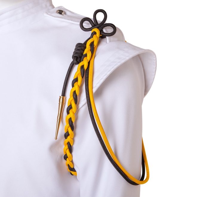 custom 2 color citation cord metallic and nylon gold and dark grey over white uniform