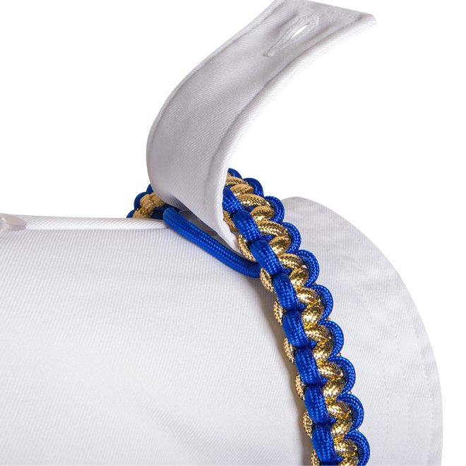 custom 2 color citation cord metallic and nylon gold and royal over white uniform highligting attachment