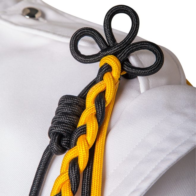 custom 2 color citation cord metallic and nylon gold and dark grey over white uniform