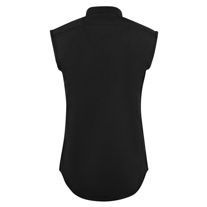 womens black band-collar sleeveless shirt, back view