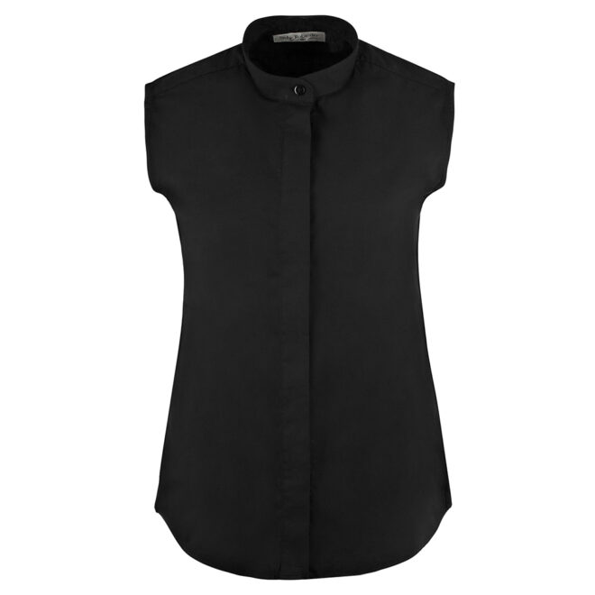 womens black band-collar sleeveless shirt, front view