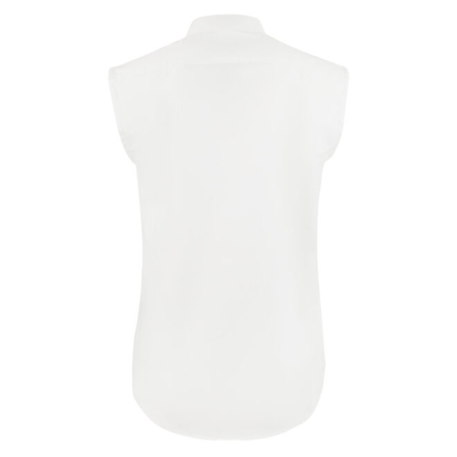 womens white band-collar sleeveless shirt, back view