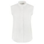 womens white band-collar sleeveless shirt, front view