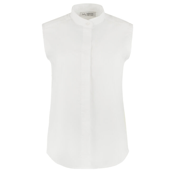 womens white band-collar sleeveless shirt, front view