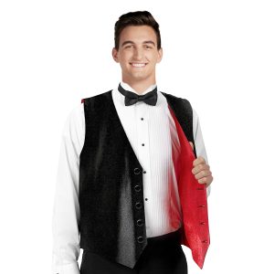 black show choir vest with red inside front view shown over white button down on model
