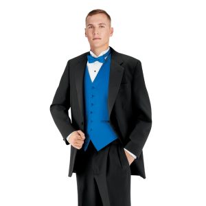 black formal tuxedo jacket over white button up, royal bowtie, royal vest and black pants front view