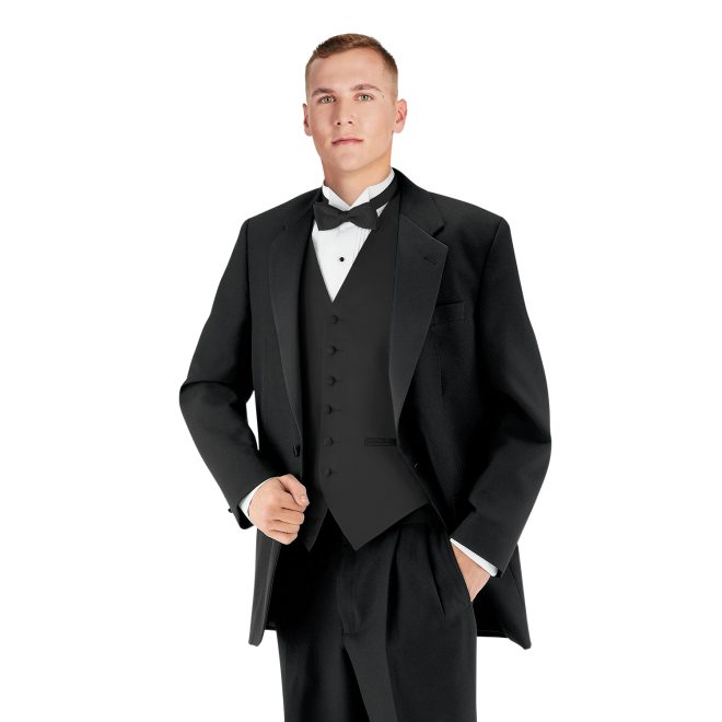 black formal tuxedo jacket over white button up, black bowtie, black vest and black pants front view