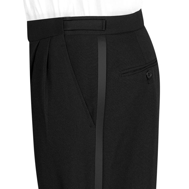 women black polyester tuxedo trousers side view