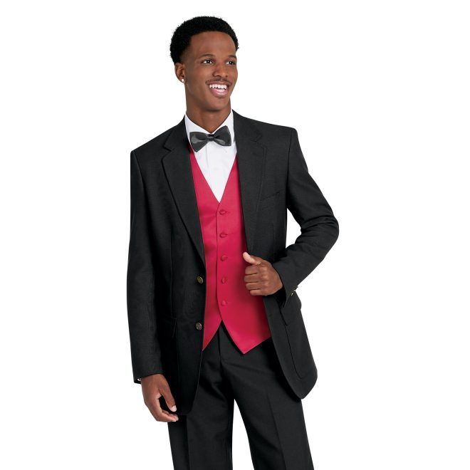 red poly satin concert vest over white long sleeve with black bowtie and black jacket front view