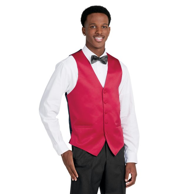 red poly satin concert vest over white long sleeve with black bowtie front view