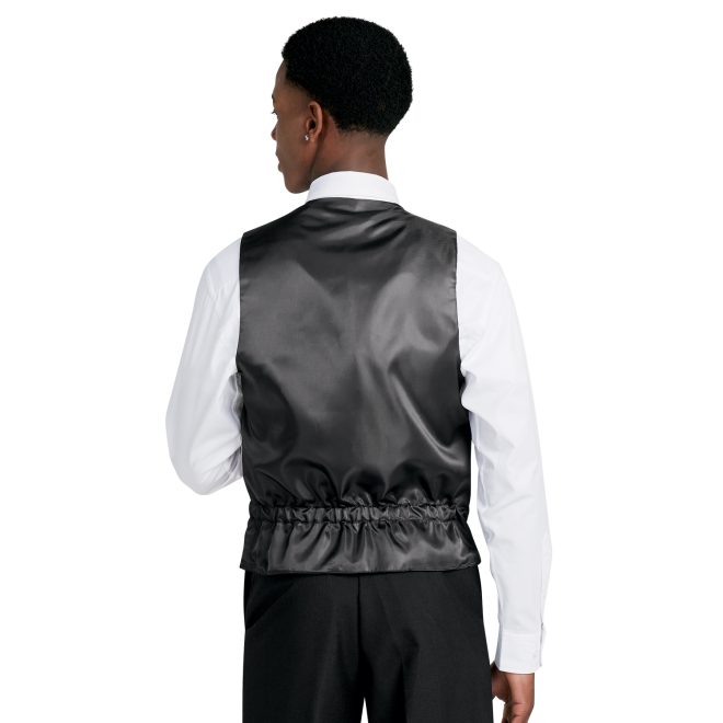 poly satin concert vest back view over white long sleeve