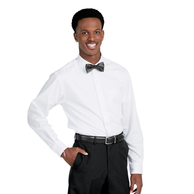 black poly satin concert bowtie over white button up and black pants