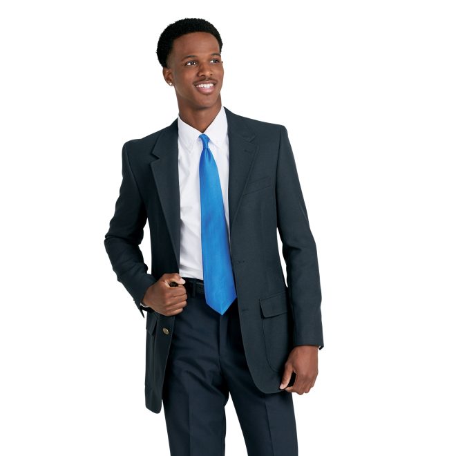 turquoise poly satin concert neck tie over white button up, navy jacket and pants