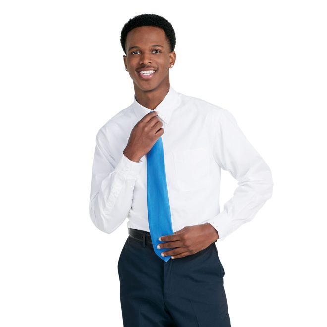 turquoise poly satin concert neck tie over white button up and navy pants