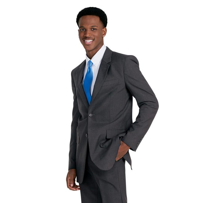 charcoal men poly wool suit jacket front view over white button up, turquoise tie, and charcoal pants