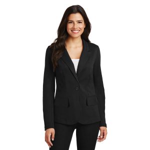 black women poly wool suit jacket front view over white shirt with black pants
