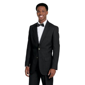 black men polyester single breasted blazer front view over white button up, black bow tie, and black pants