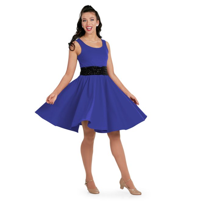 Pull-on sequin belt with ruching on the center front custom show choir belt shown over blue sleeveless Wide Scoop Neck, Above the Knee Length, Full-circle Dress, Standard Waist Style custom show choir dress front view on model