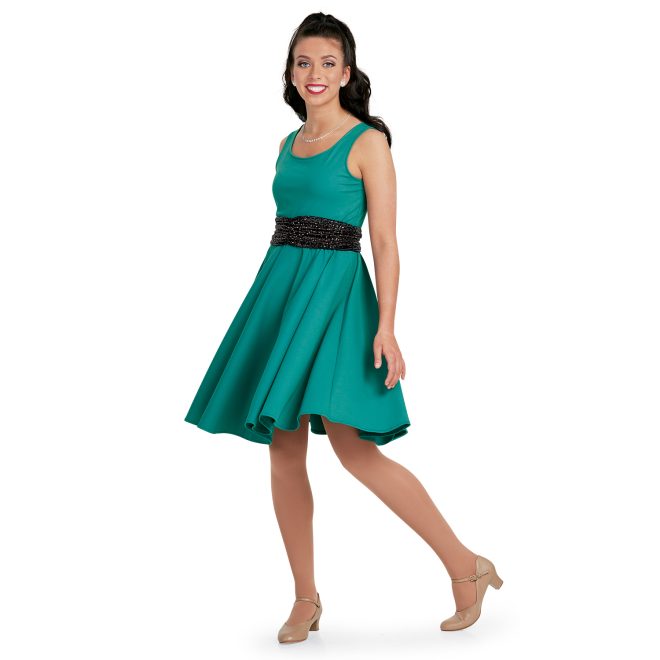 Pull-on sequin belt with ruching on the center front shown over spruce Wide Scoop Neck, Above the Knee Length, Full-circle Dress, Standard Waist Style custom show choir dress front view on model