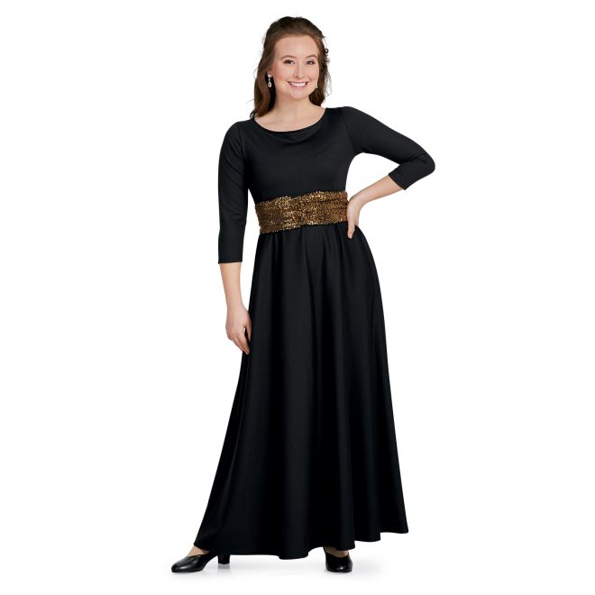 Pull-on sequin belt with ruching on the center front shown over 3/4 sleeve black custom concert dress floor length front view on model