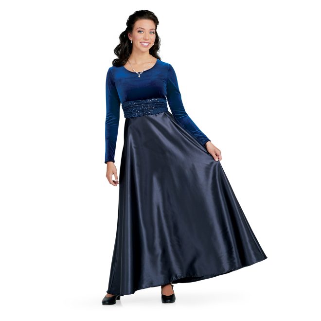 Pull-on sequin belt with ruching on the center front shown over long sleeve blue custom concert dress floor length front view on model