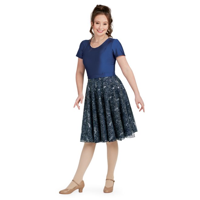 custom Removable glitter wrap skirt silver, black, navy shown over navy satin spandex Short Sleeve, Tank Neckline, custom show choir dress front view on model