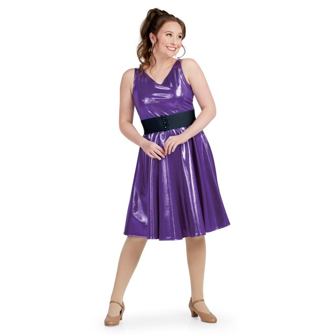 black custom show choir belt shown on purple v-necksleeveless knee length flowy custom show choir dress front view on model