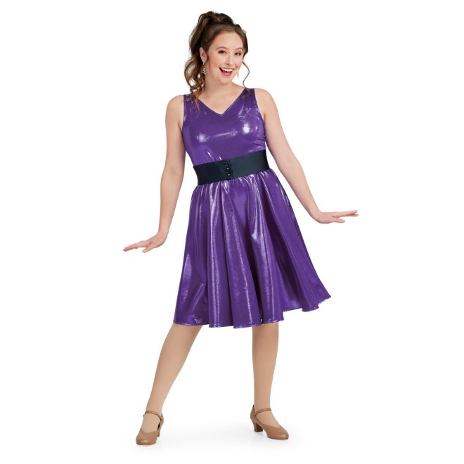 black custom show choir belt shown on purple v-necksleeveless knee length flowy custom show choir dress front view on model