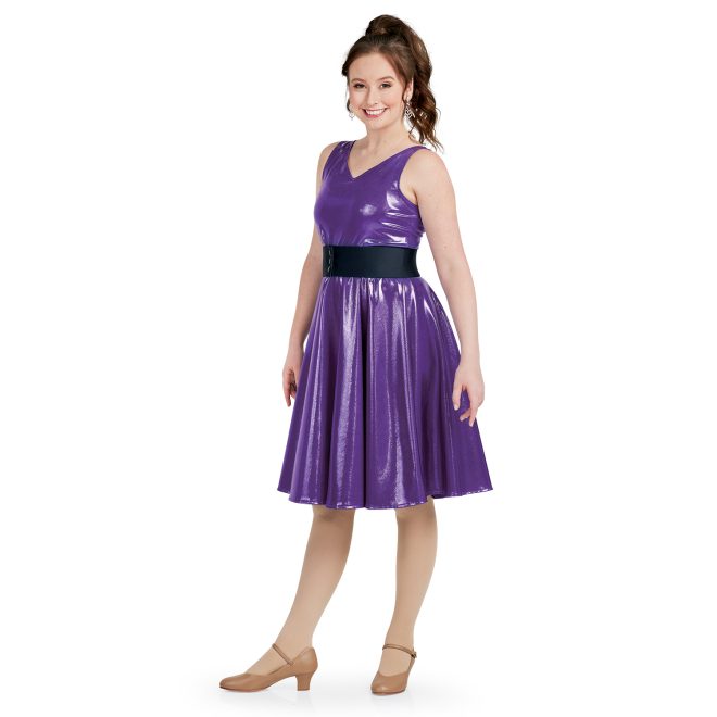 black custom show choir belt shown on purple v-necksleeveless knee length flowy custom show choir dress front view on model