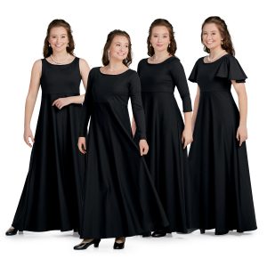 4 different styles of custom concert dresses. sleeveless, long sleeve, 3/4 sleeve, and short sleeve front view on models in black floor length