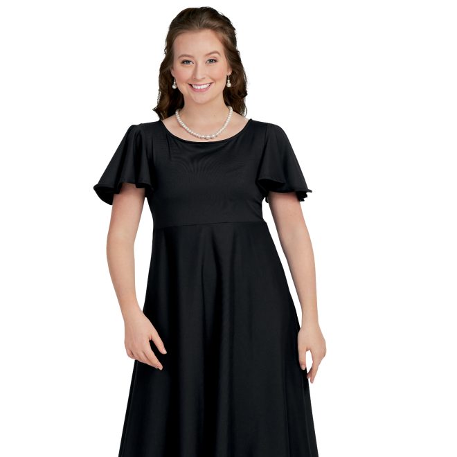 short sleeve black custom concert dress floor length front view on model