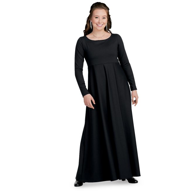 long sleeve black custom concert dress floor length front view on model