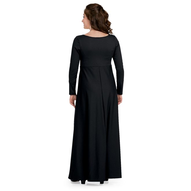 long sleeve black custom concert dress floor length back view on model