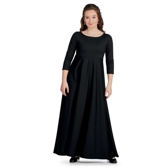 3/4 sleeve black custom concert dress floor length front view on model